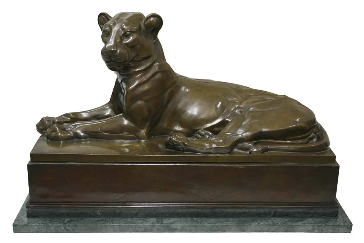 antique lioness sculpture resting on a base