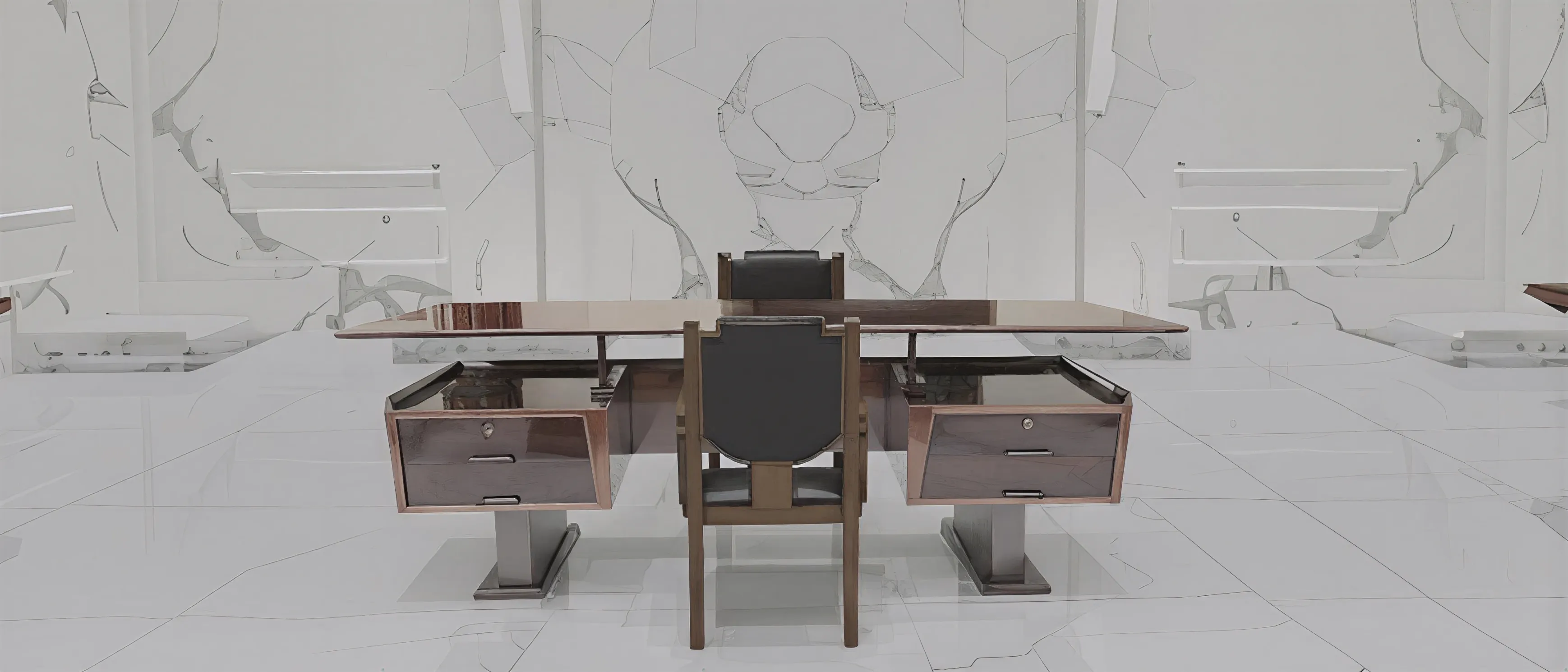 antique desk with drawers and a chair, modern setting