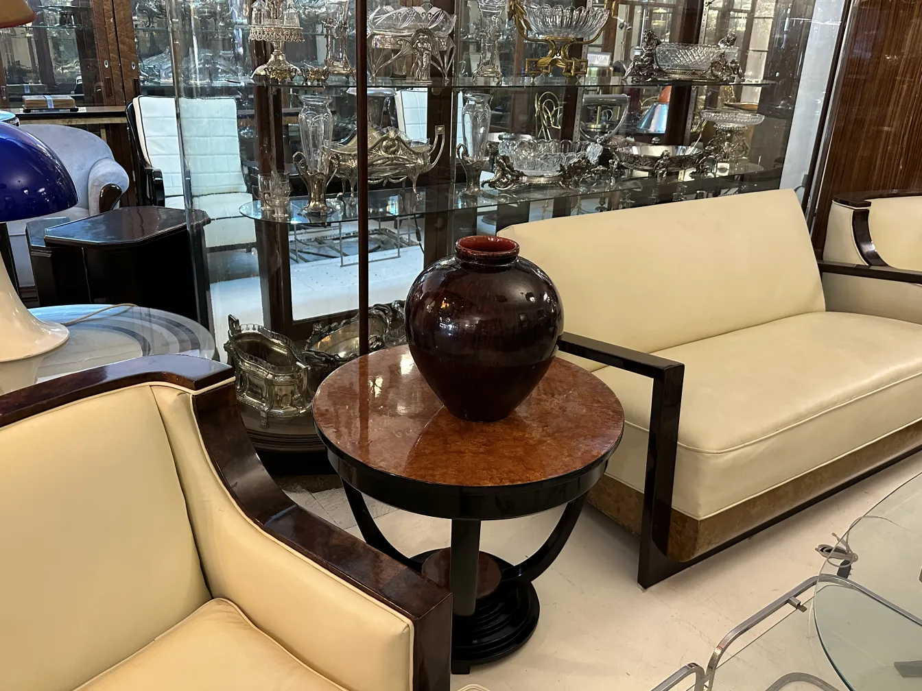 antique ceramic vase on modern table, decorative background