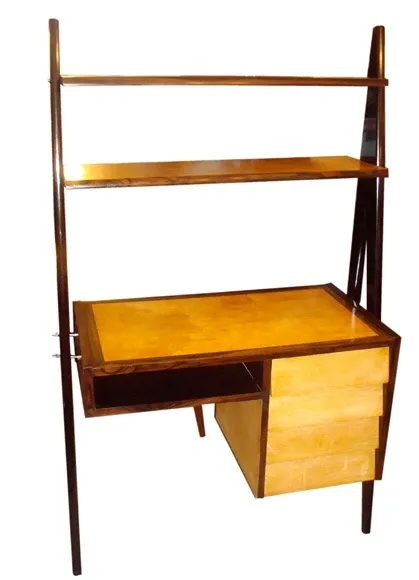 Antique desk with a shelf and drawer, featuring a light wood finish.