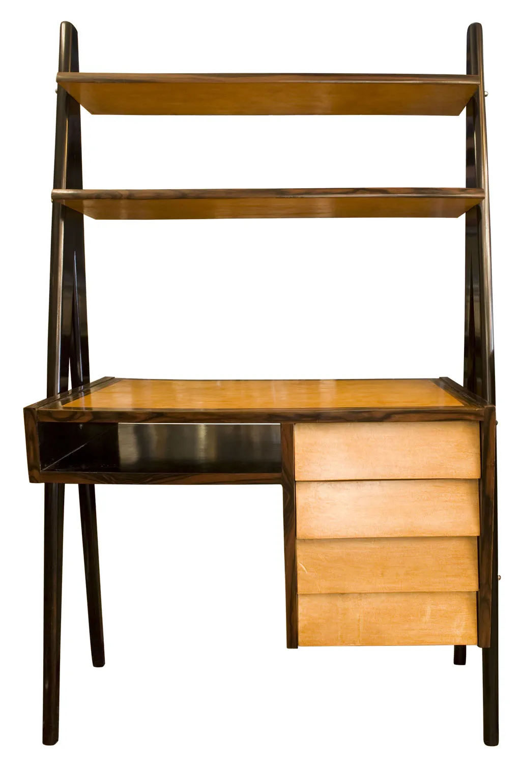 Antique desk with shelves and light wood drawers.