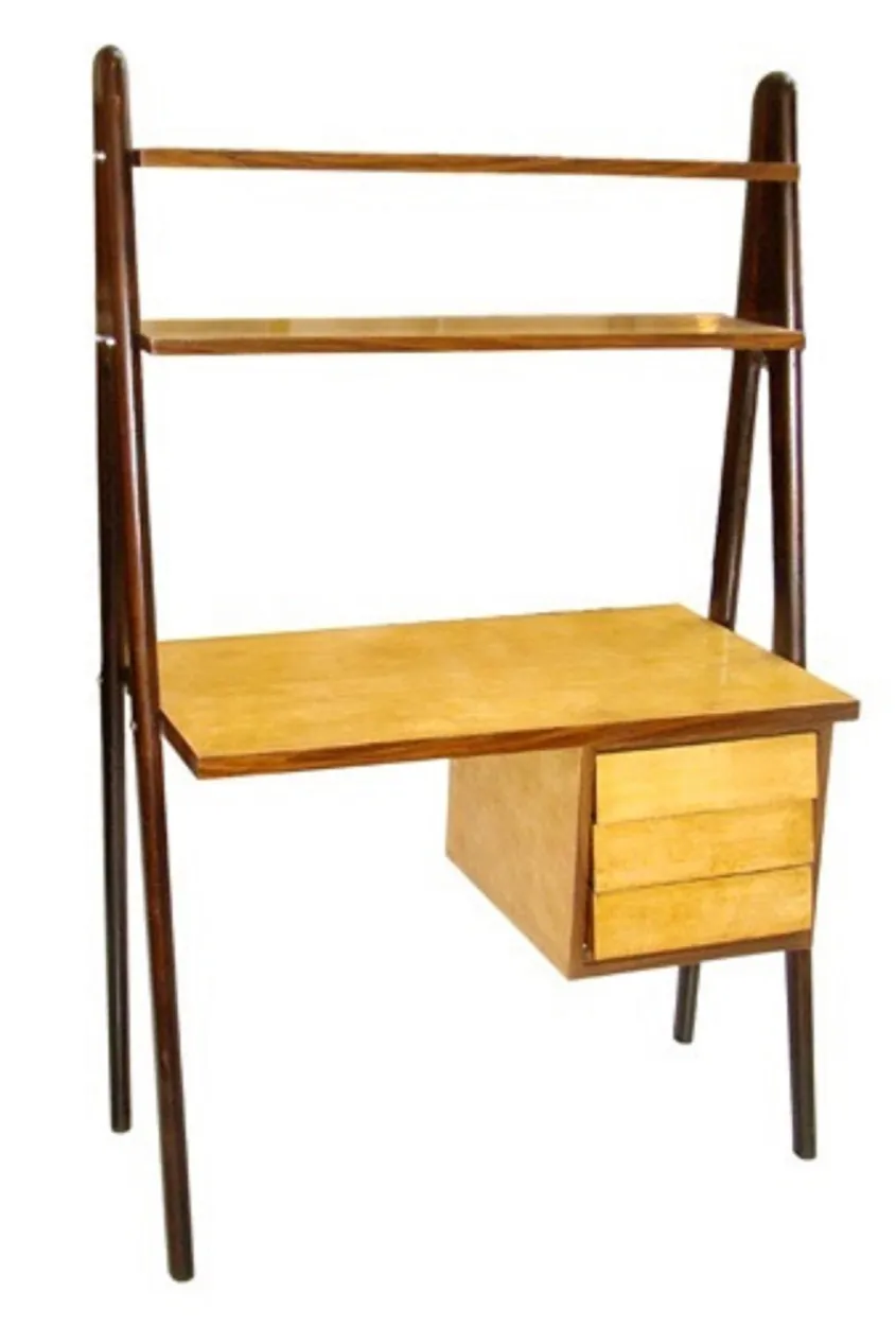 scrivania antica in legno con scaffale e tre cassetti