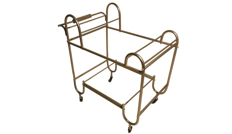 Mesa carrito antigua con estructura metálica dorada y ruedas.