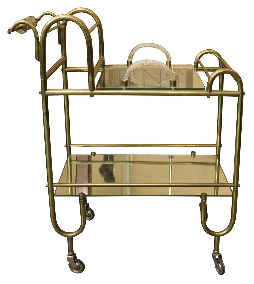 Mesa carrito antigua con estructura dorada y vidrio