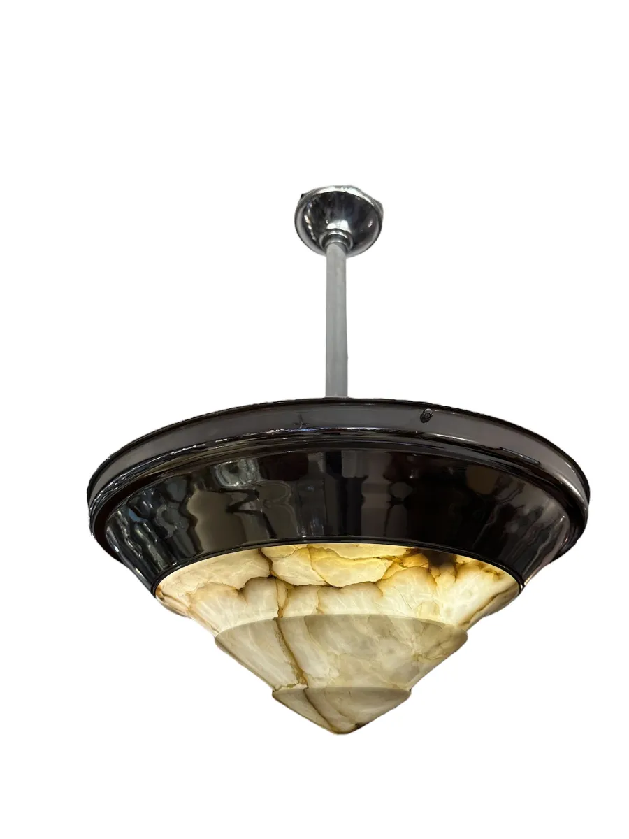 Antique cone-shaped hanging lamp with black base and clear glass