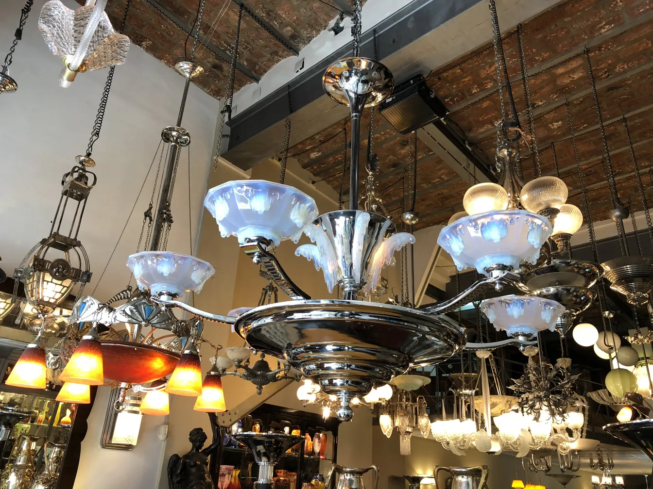 Lustre ancien avec des accents en verre et des lumières chaudes dans un cadre élégant.