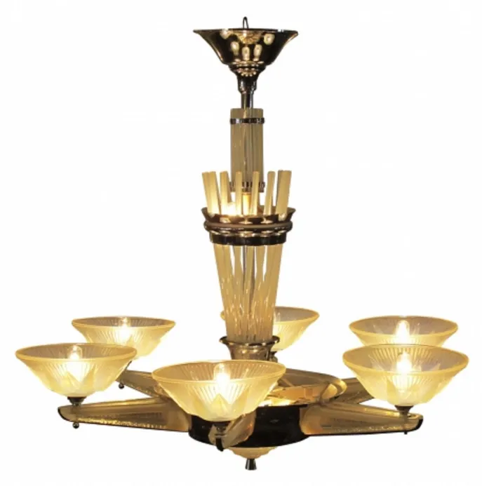 antike Hängelampe mit sechs Lichtern, Leleu-Design.