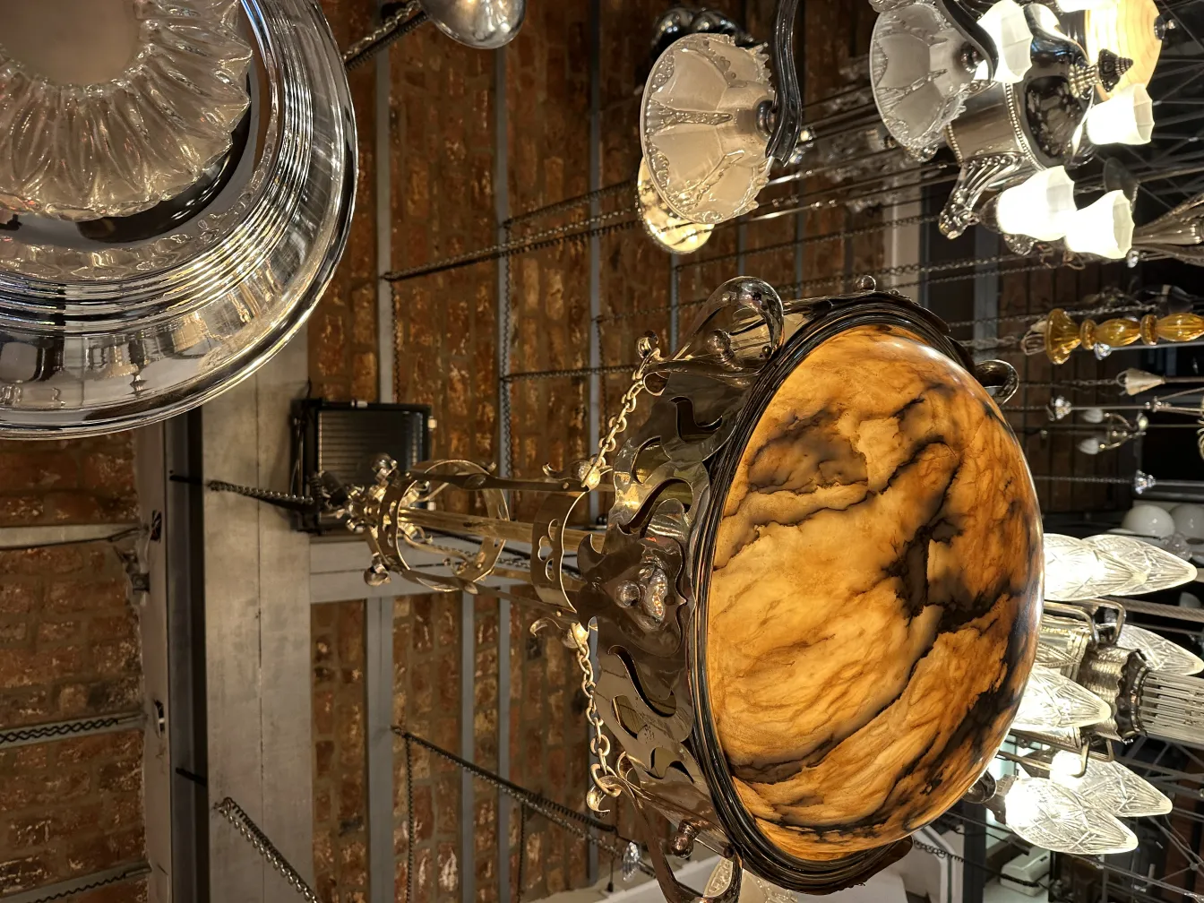 Lustre ancien avec un design orné et des détails élaborés dans un cadre décoratif.