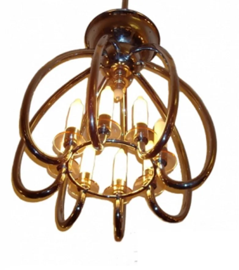 Antique hanging lamp with a shiny elegant design, featuring bulb-shaped lights.