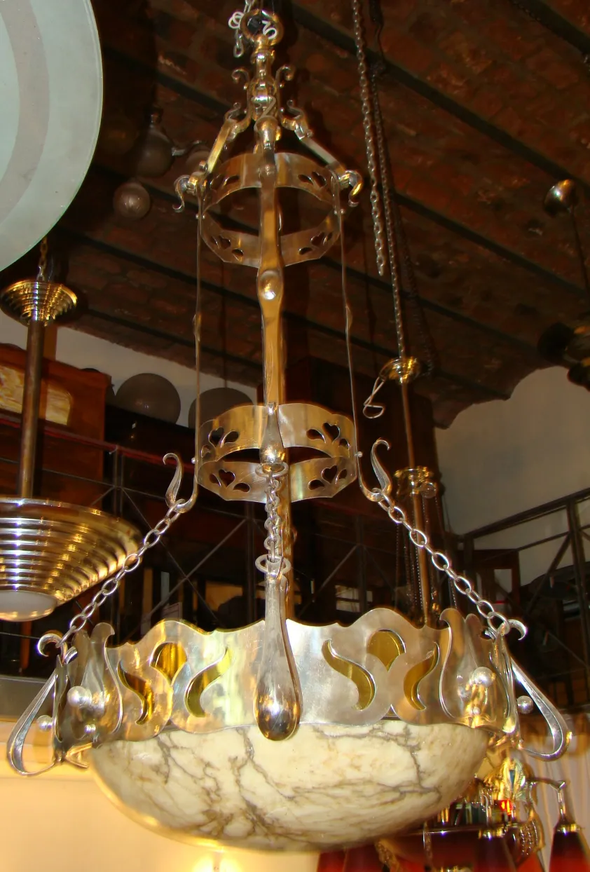 Antique hanging lamp with metal and marble design, elegant style.