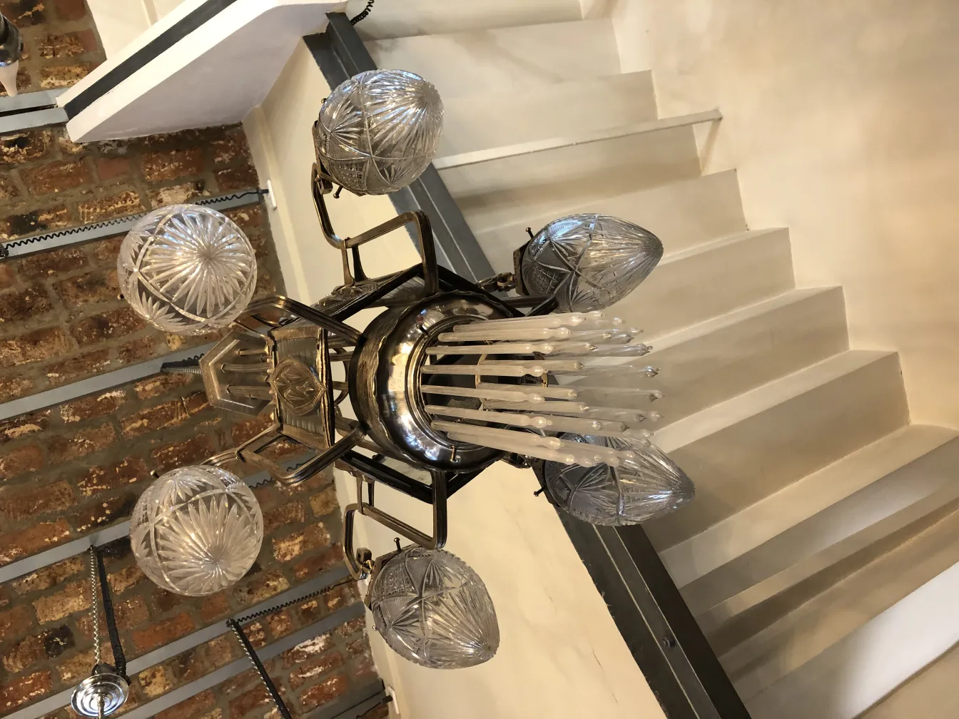 antique hanging lamp with decorative glass and bright lights