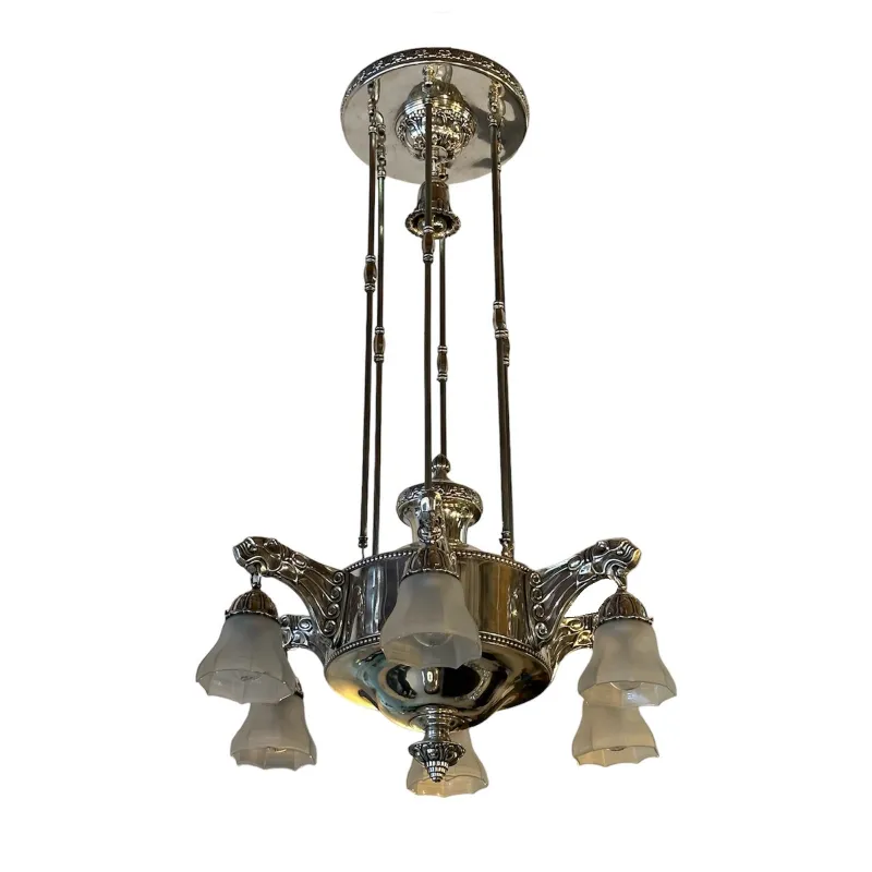 Lampada a sospensione antica con vetro opalino e cinque luci