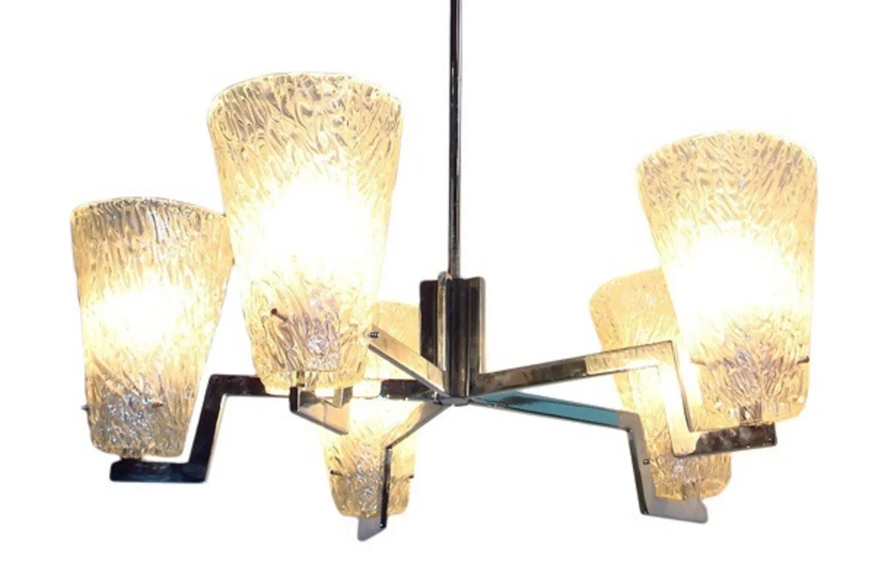 Antique hanging lamp with bright lights and glazed details, perfect for decor.