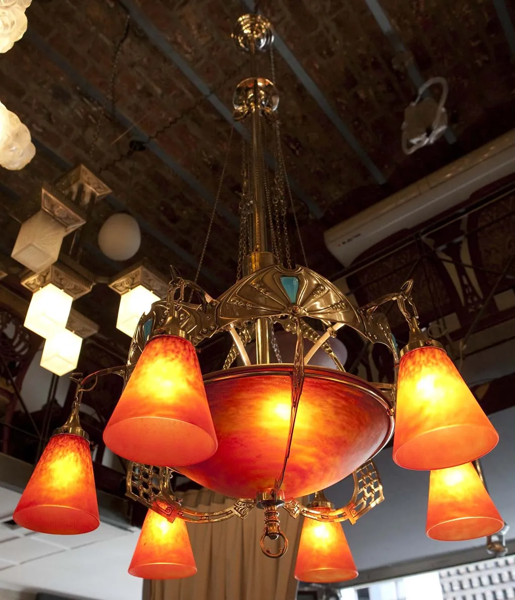 antique hanging lamp with bell-shaped shades, charles schneider