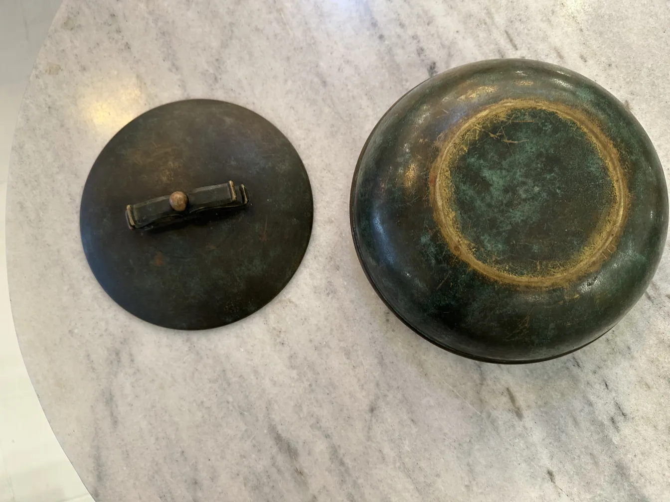 Antique box with round lid and handle