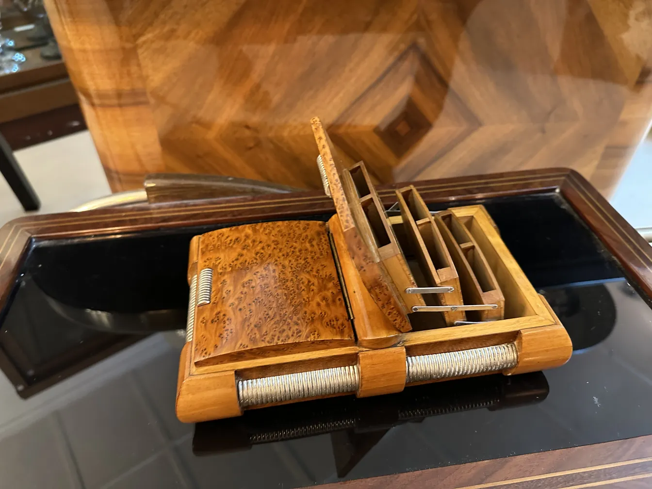 Antique wooden box with dividers inside