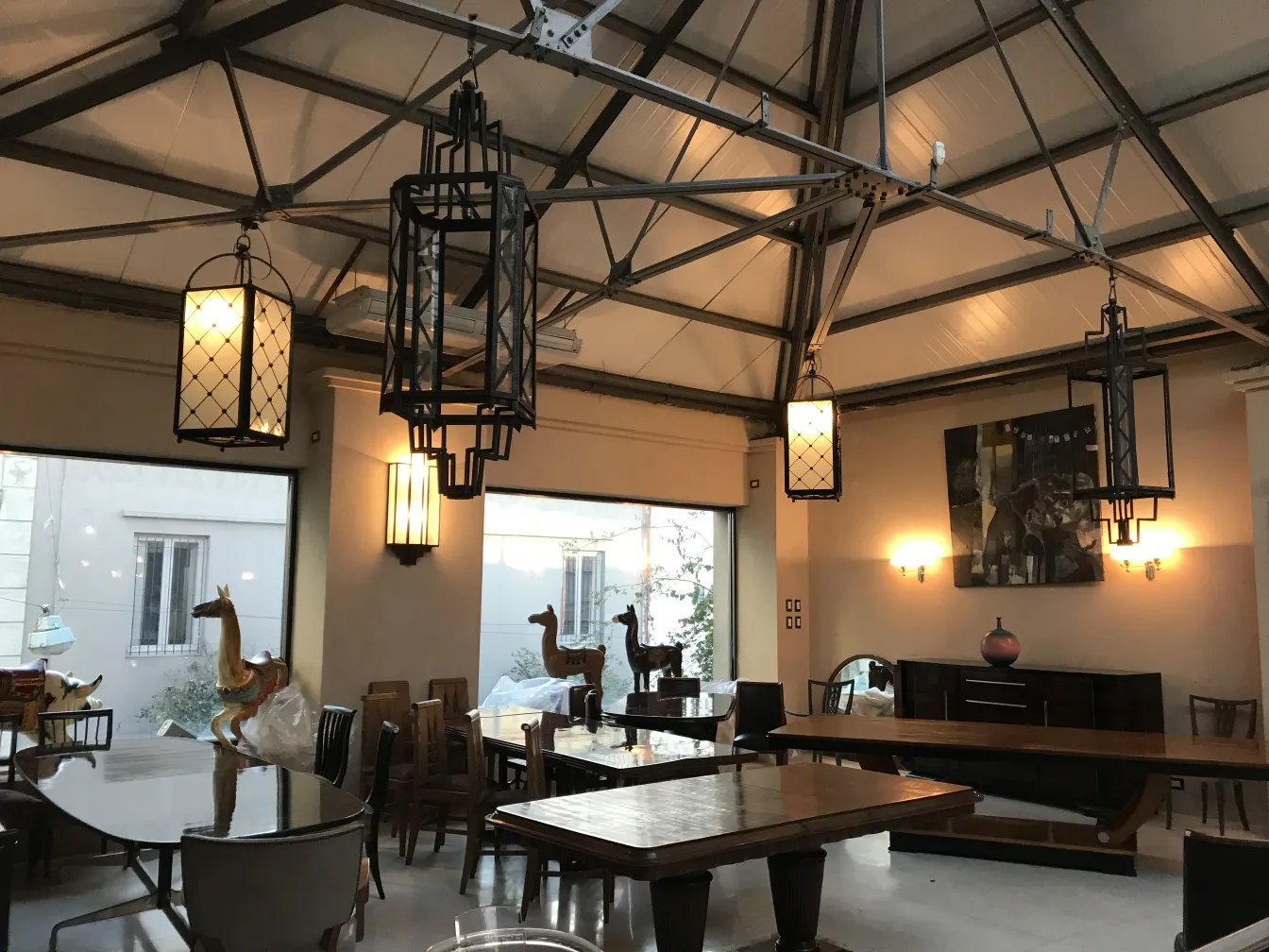 two antique ceiling lanterns in a modern setting, with glass details