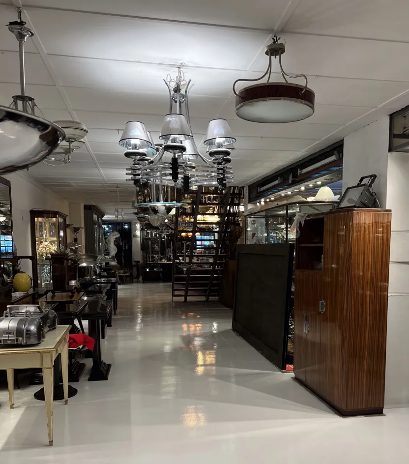 エレガントな装飾が施された古い本棚、他のアンティーク家具に囲まれて