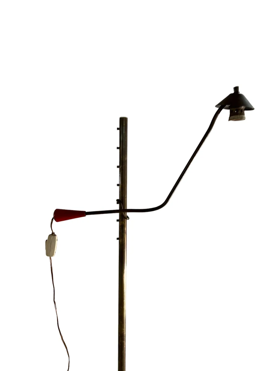 antique floor lamp with curved arm and colorful details, white background