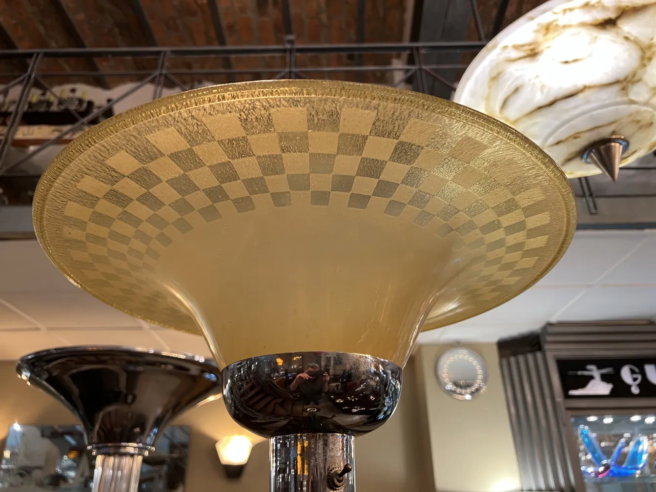 Antique WMF floor lamp with yellow shade and checkerboard design