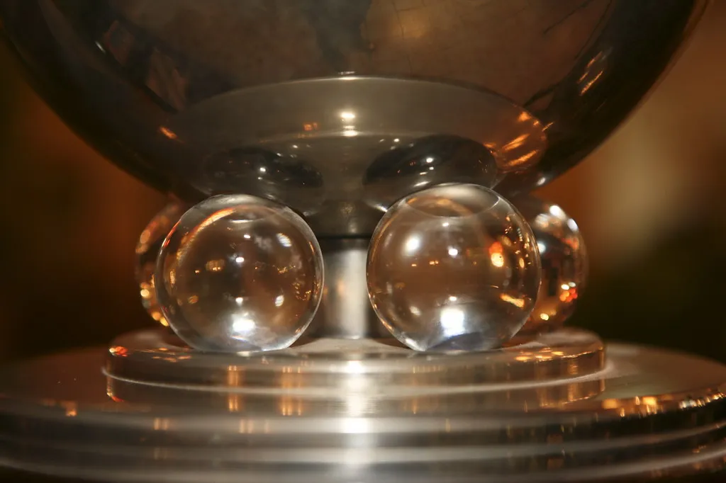 Torchiere antique avec une base de sphères en verre brillantes dans un cadre chaleureux.