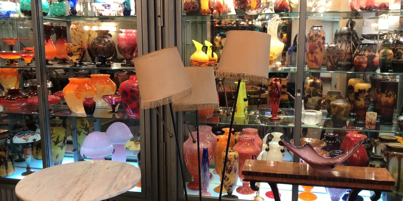 antique floor lamp with fabric shades, colorful setting