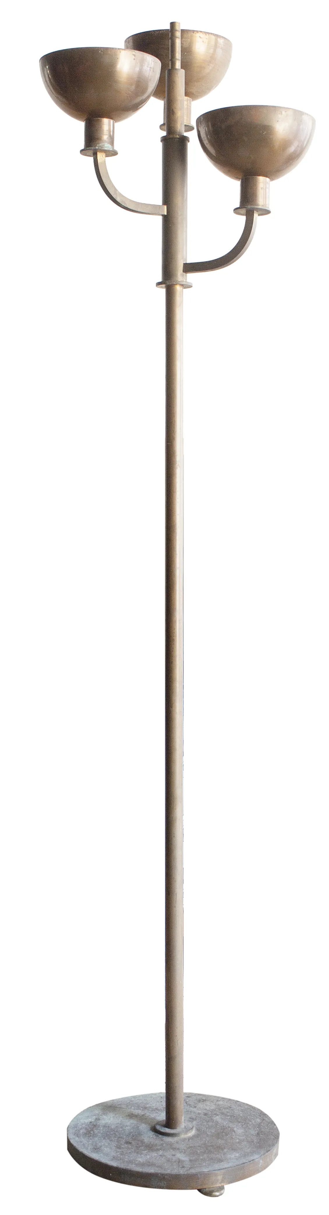 Torchiere antique avec trois abat-jours en forme de bol, design élégant.