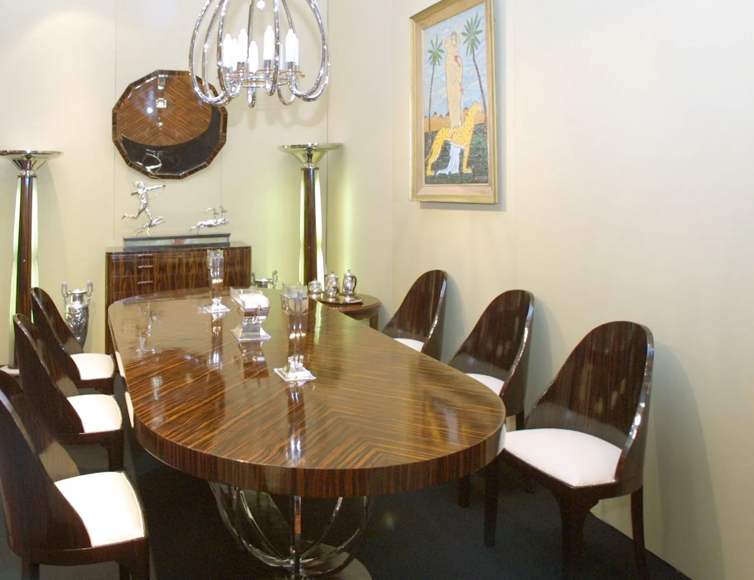 Two antique floor lamps in a stylish dining room.