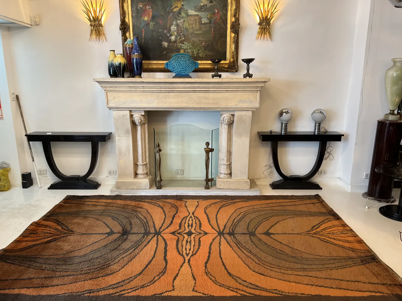 antique carpet with abstract design and warm tones, elegant setting