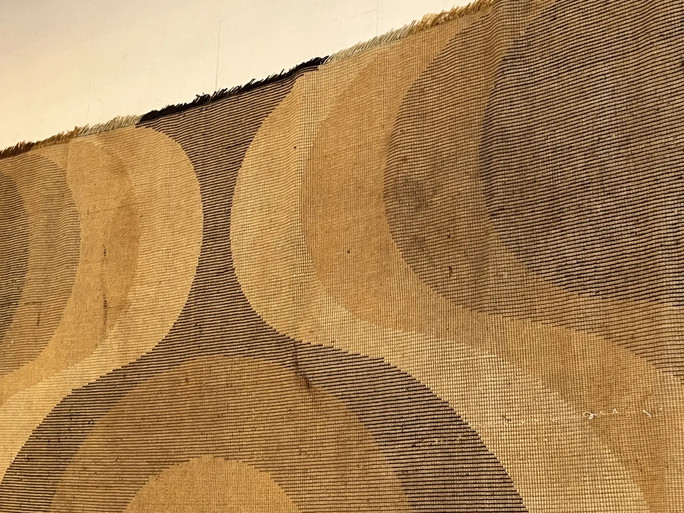 antique carpet with brown and beige wave patterns