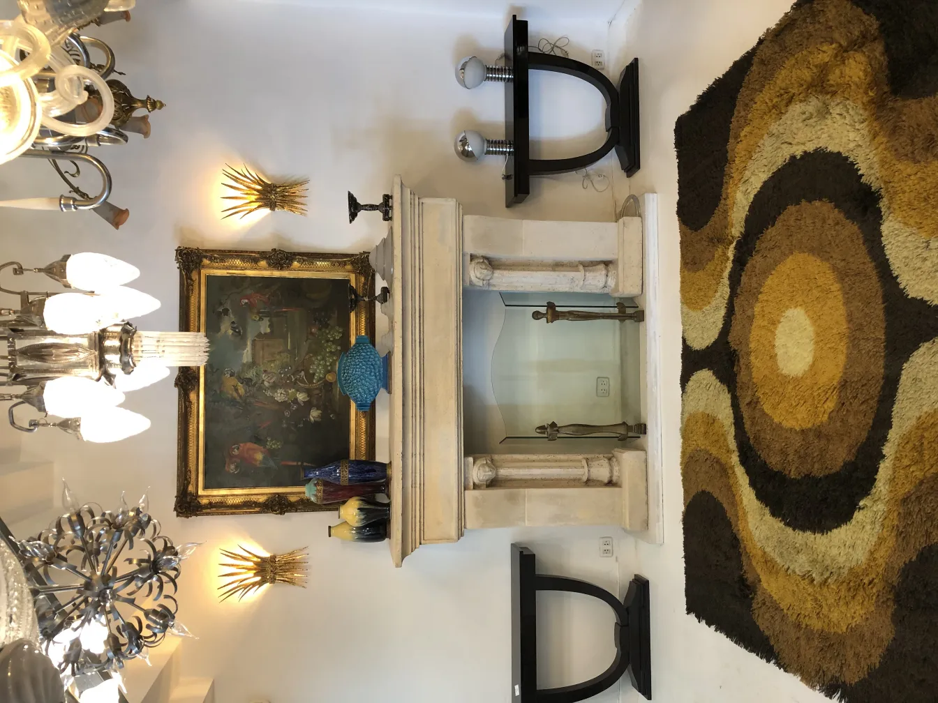 antique carpet with geometric design in brown and yellow tones