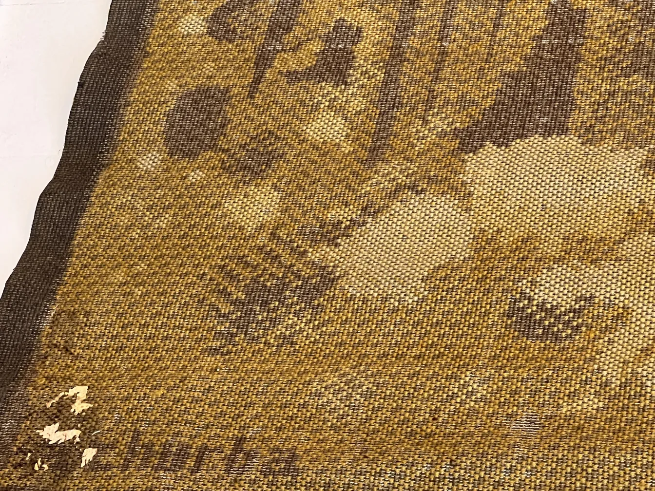 Alfombra antigua con llamativos diseños en tonos marrones