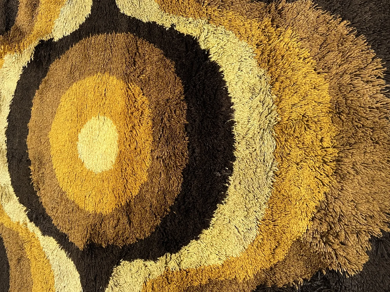 alfombra antigua con patrones en tonos marrones y amarillos, en un ambiente acogedor.