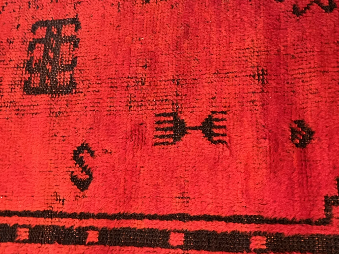 antique red carpet with black patterns, warm atmosphere