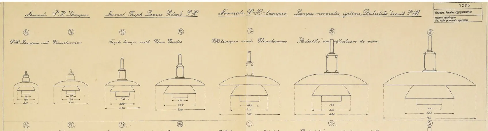 Technical drawing of two antique hanging lamps, Poul henningsen.