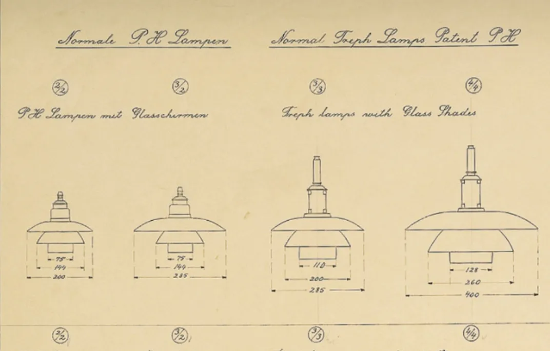 desenho técnico de 2 lâmpadas de teto antigas de poul henningsen com detalhes de design.