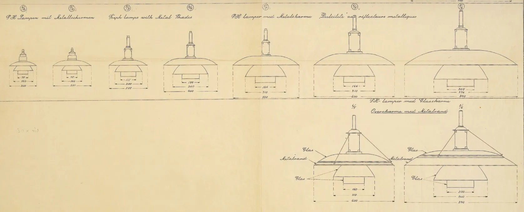 Desenho técnico de 2 lâmpadas de teto antigas de Poul Henningsen