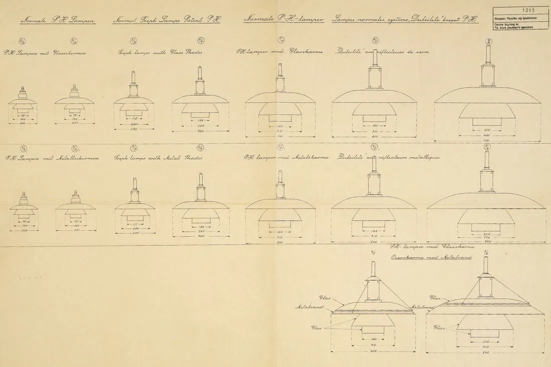 Disegno di 2 lampade a sospensione antiche in diverse versioni, con dettagli di design, Poul Henningsen.