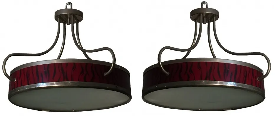 Set of 2 antique hanging lamps with bold design, on white background.