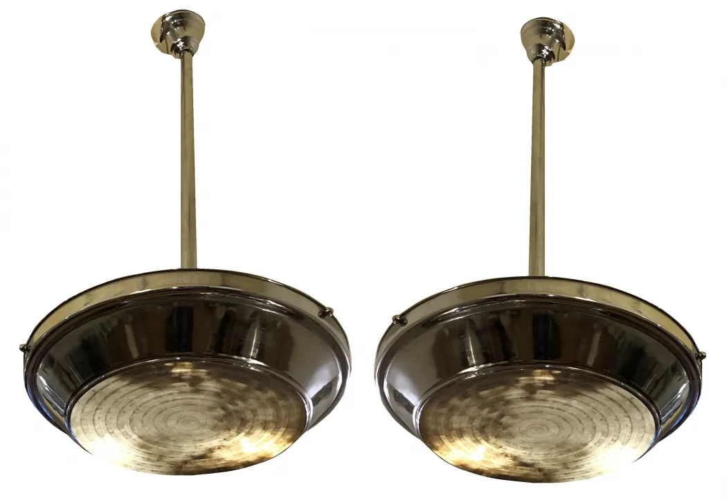 Set aus 2 antiken Hängelampen mit runder Form und glänzender Metalloberfläche