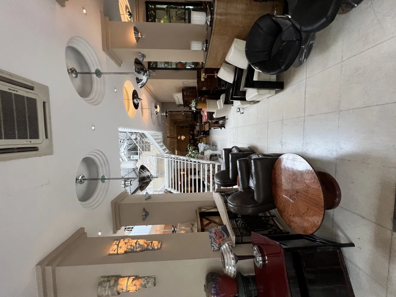 View of two antique hanging lamps in an elegant ambiente