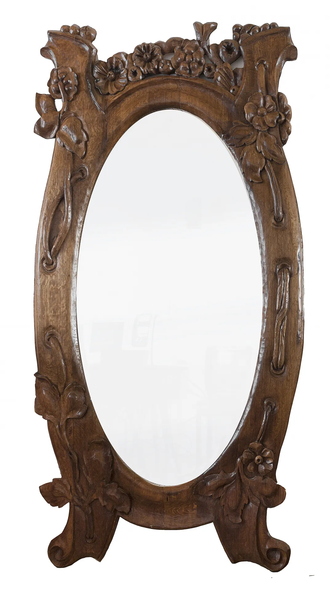 miroir ovale ancien orné de fleurs et cadre détaillé