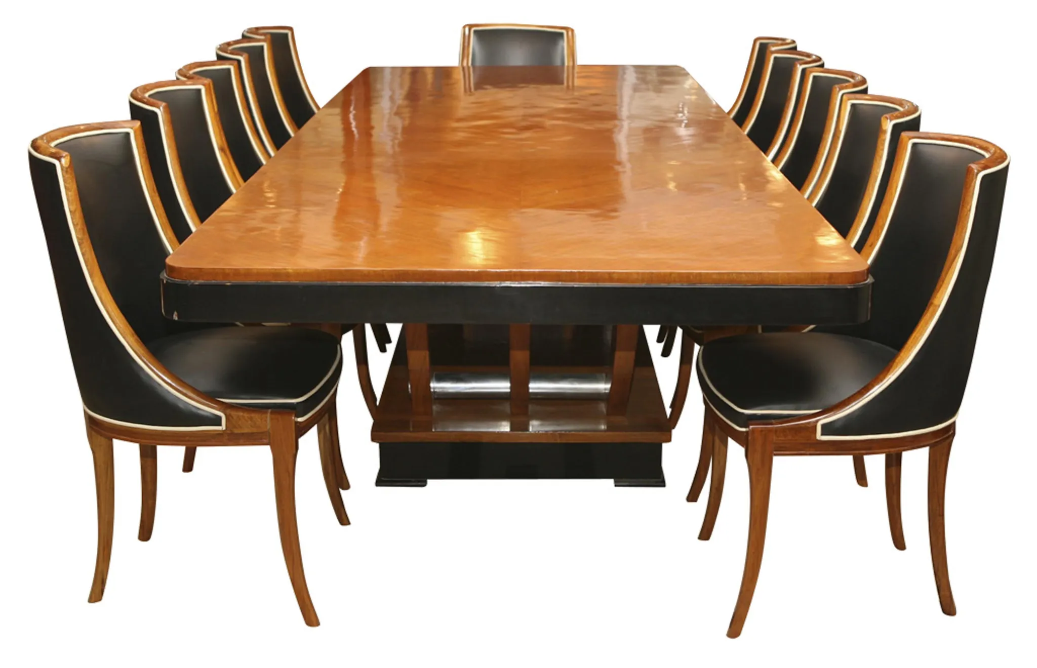 table à manger ancienne avec chaises noires et dorées