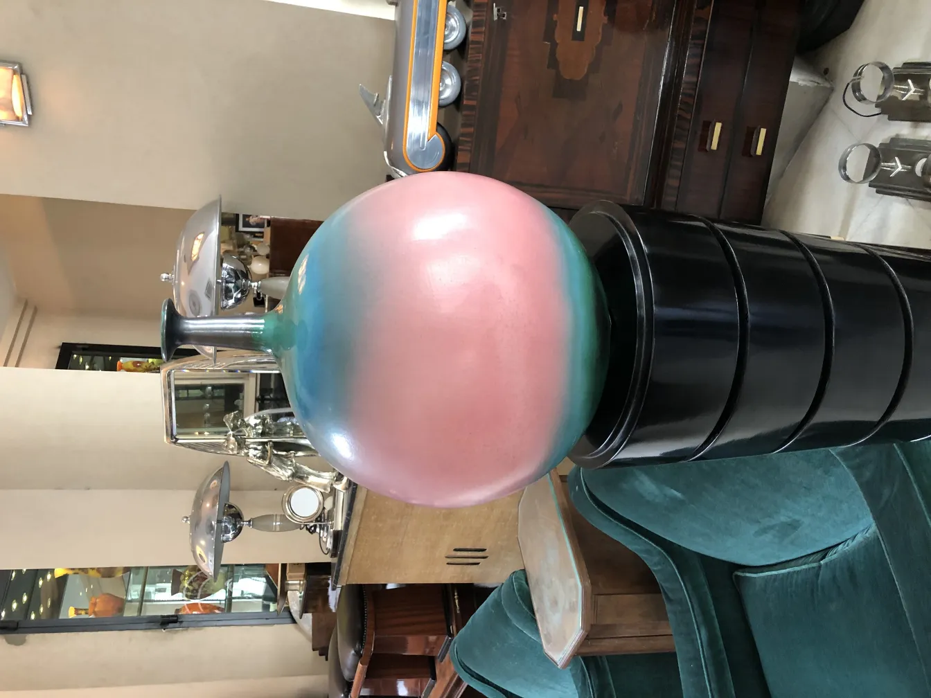 antique ceramic vase in pink and blue tones