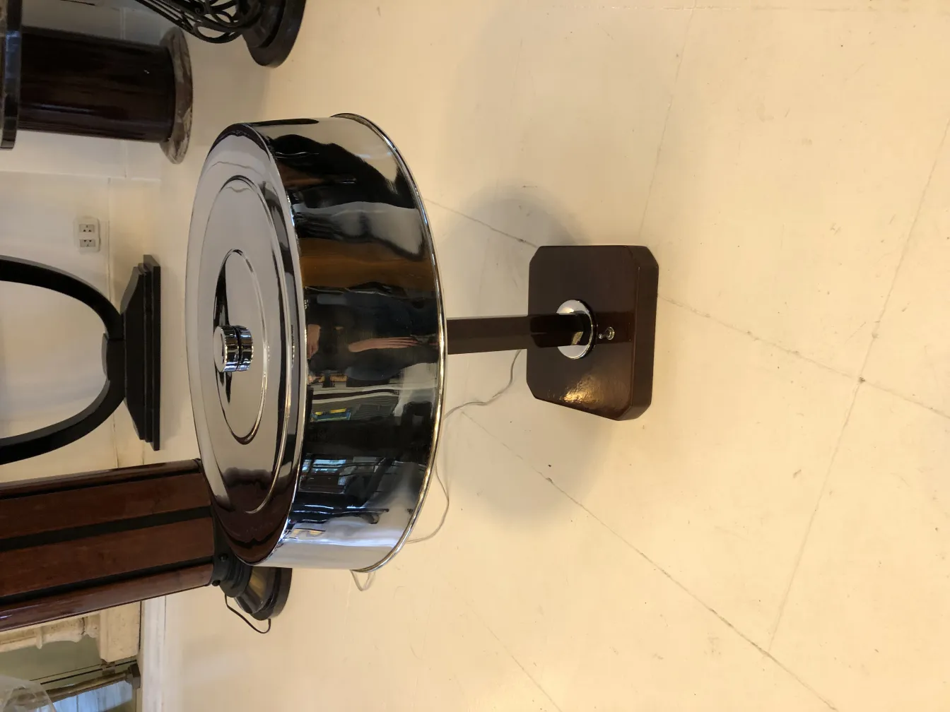 antique table lamp with wooden base and shiny shade