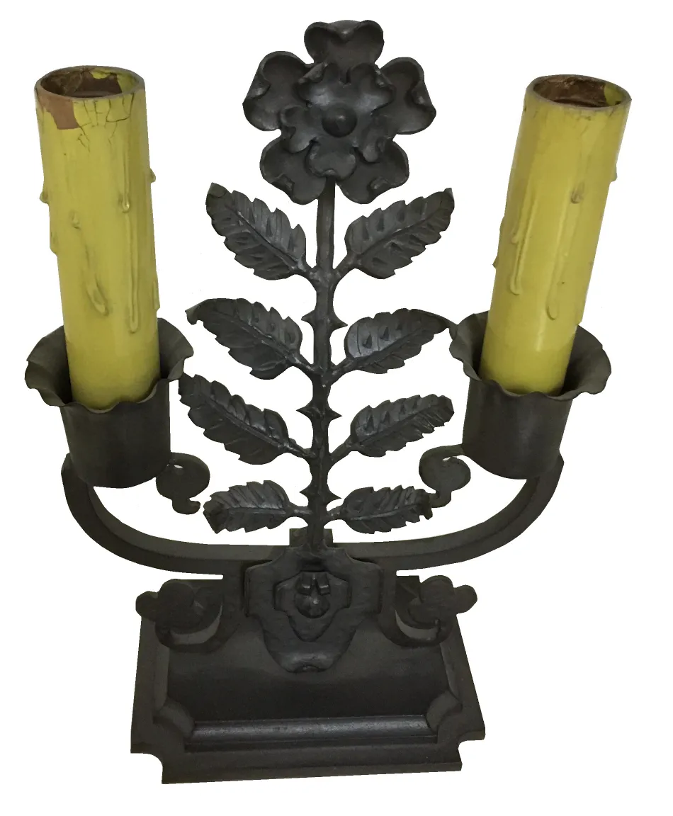 antique table lamp with two candelabra holders and flowers, Gilbert Poillerat