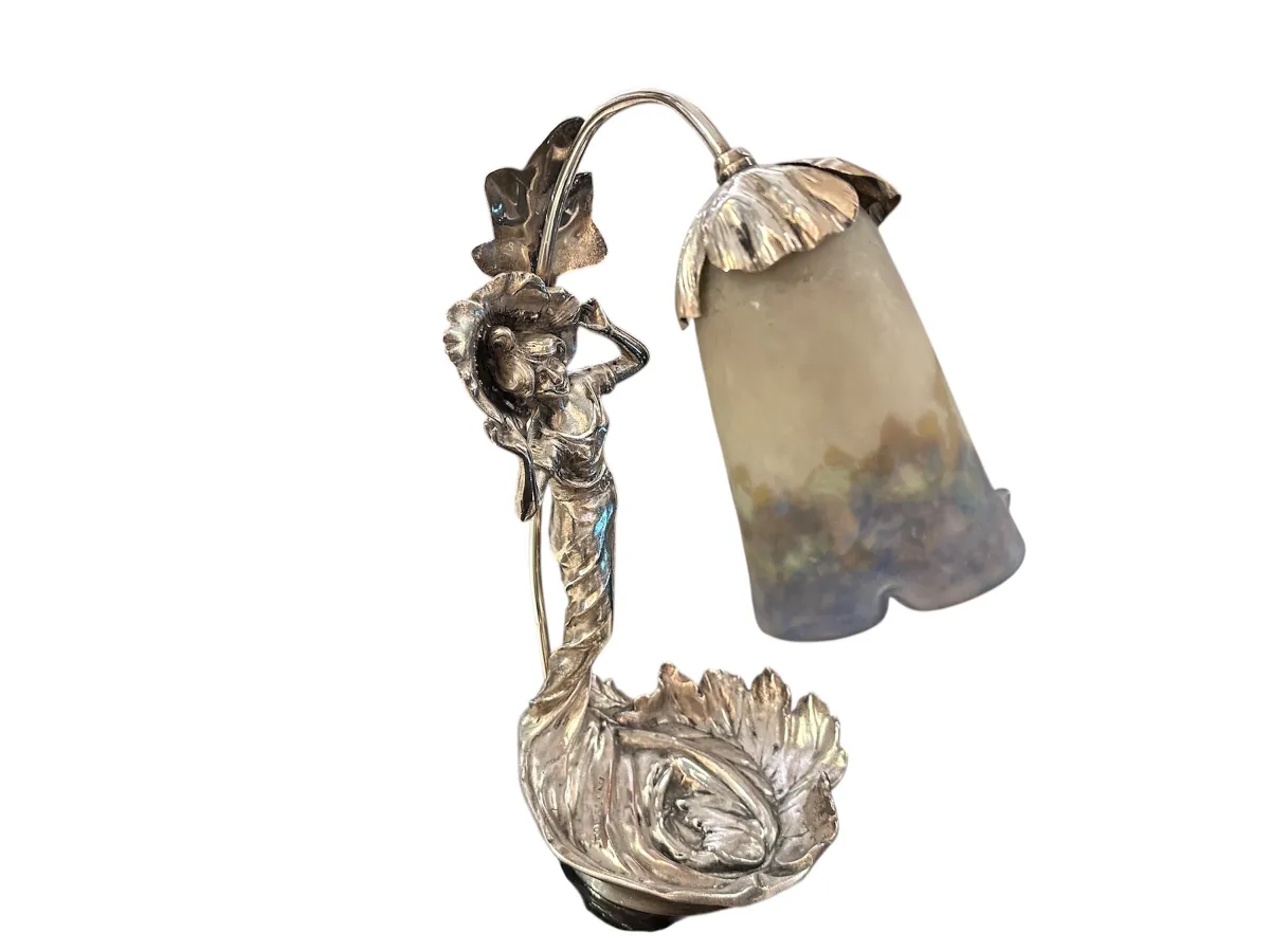 antique table lamp with female figure and ornate base