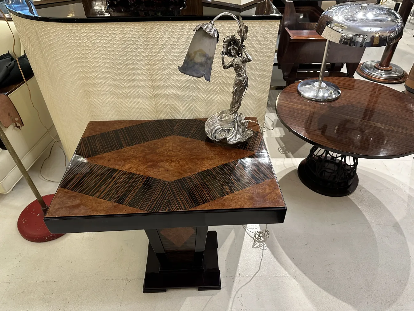 antique table lamp with female figure and elegant design