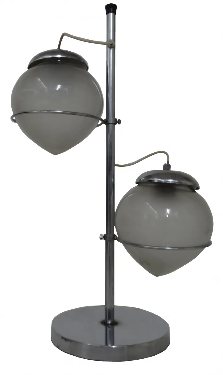 lampe de bureau ancienne avec double sphère blanche et base métallique, parfaite pour la décoration