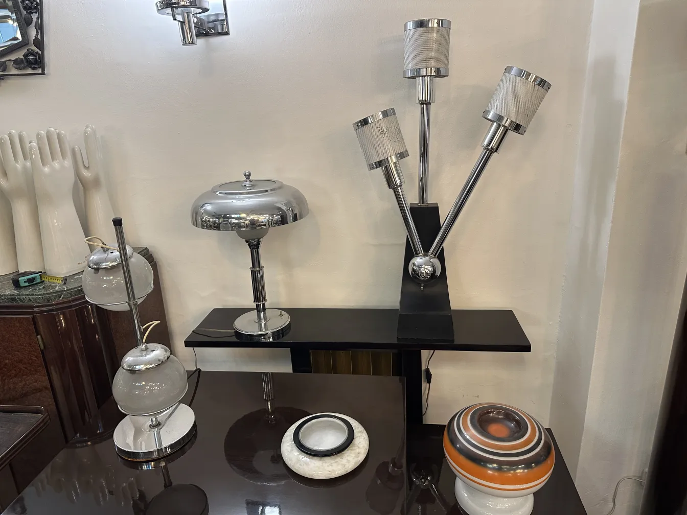 Antique table lamp with three shades and modern design.